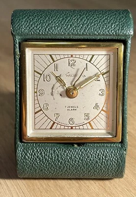 1940-е WELBY 7 Драгоценностей Дорожный Будильник Германия США Зона Зеленый Кожзаменитель РЕМОНТ - Изображение 1 из 4