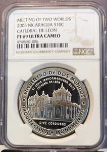 2005 NICARAGUA SILVER 10 CORDOBAS CATHEDRAL DE LEON NGC PF 69 ULTRA CAMEO RARE - Picture 1 of 3