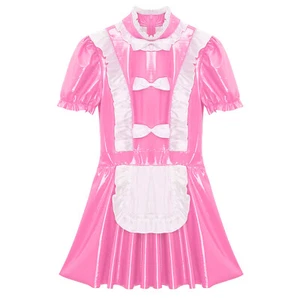 UK Men's French Maid Fancy Dress Patent Leather Girly Dress Naughty Maid Uniform - Picture 1 of 24