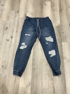 Fashion Nova Womens End Game Relaxed Denim Jogger Size L Distressed - Picture 1 of 8