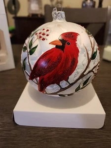 Tannenbaum Treasures 4.0 Inch Cardinal On Icy White Ball Ornament Red Bird Tree - Picture 1 of 10