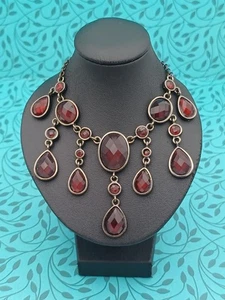Stunning Gothic Vintage Inspired Dark Silver Tone & Red Gem Bib Chain Necklace - Picture 1 of 15