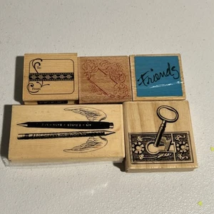 Rubber Stamps Lot Wood To/From Key Winged Pens Friends - Picture 1 of 12
