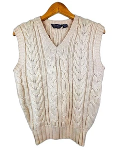 VTG Men’s Preppy Academia Worsted Wool Cable Knit Vest Small Cream USA  - Picture 1 of 3