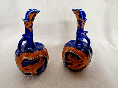 Paar antike Vase Kännchen Melonenform kobalt blau goldener Drache Emailemalerei - Bild 1 von 4