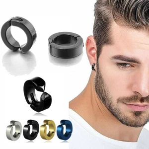 US Non-Piercing Clip On Fake Men Boy Ear Stud Cuff Hoop Earrings Stainless Steel - Picture 1 of 15