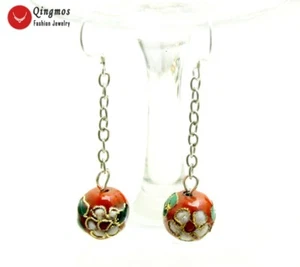 10mm Red Round Cloisonne Earring for Women White Flower Dangle Earring 2" Hook - Picture 1 of 5