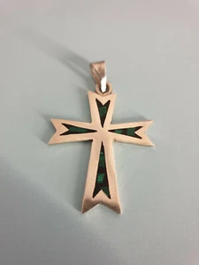 CROCE VINTAGE ARGENTO STERLING 925 INTARSIATA MALACHITE E ONICE MESSICO TAXCO TS1. - Foto 1 di 7