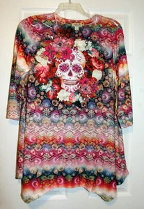One World Womens L Day of the Dead Halloween Print 3/4 Sleeve Top NWT - Picture 1 of 3
