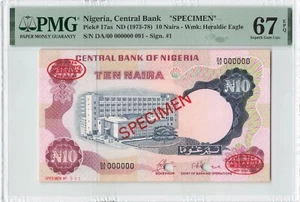 NIGERIA 10 Naira 1973-1978, P-17as SPECIMEN, PMG 67 EPQ Superb Gem UNC, TDLR. - Picture 1 of 2