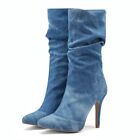 Jeans Denim Flock Pointed Toe Sexy Stilettos Nude Color High Heels Women Boots