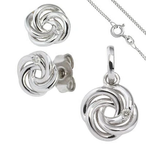Set Joyería Nudos De 585 Oro Blanco 3 Diamantes Pendientes Colgante Cadena 42cm - Imagen 1 de 5