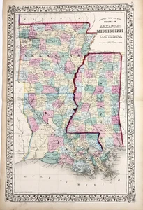 1869 LOUISIANA - ARKANSAS - MISSISSIPPI  Map ORIGINAL (21x13.5) MITCHELL - Picture 1 of 3