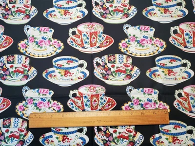 Vintage Timeless Treasures Chintz Asian Teacups Cotton Quilt Fabric Remnant - Image 1 of 2