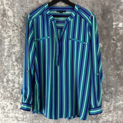 Attention Size XL Striped V Neck Casual Top Blue Long Sleeve Pullover - Image 1 of 4