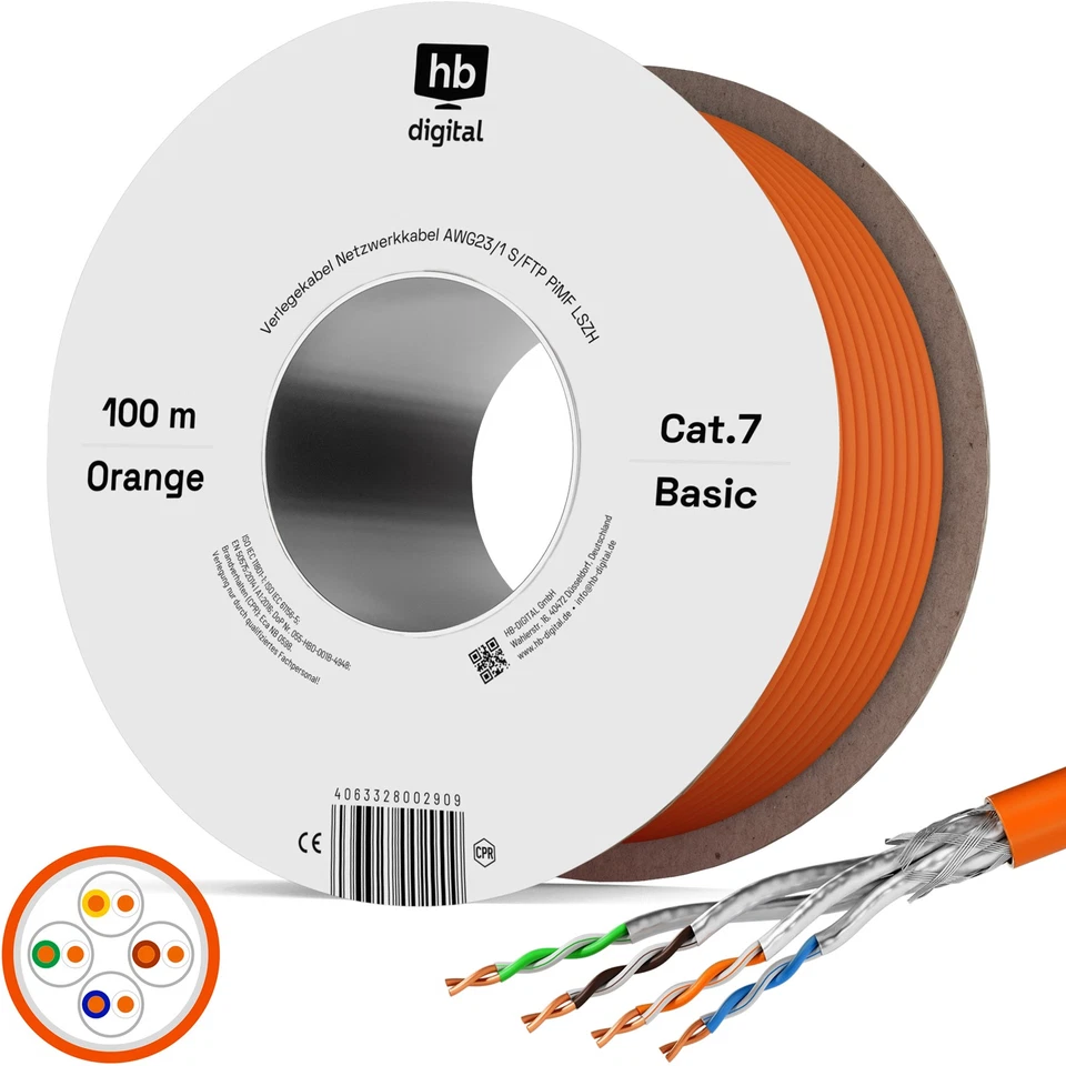 HB-DIGITAL Cat7 AWG 23/1 RJ45 Netzwerkkabel - 100m, Orange