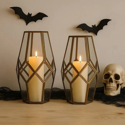 Par de linternas de terrario de vidrio de latón estilo vintage altas geométricas mediados de siglo boho Foto 1 de 2