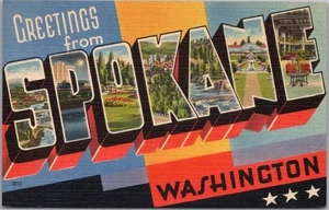 1940s SPOKANE Washington Large Letter Postcard Multi-View / Tichnor Linen Unused - Picture 1 of 2