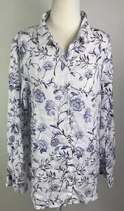 Cynthia Rowley Leinen Bluse Top L blau weiß Blumen Rollriegel Ärmel Art to Wear - Bild 1 von 11