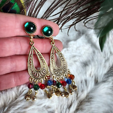 Vintage Gold Tone Green Cabochon Etruscan Style Dangle Drop Bead Earrings