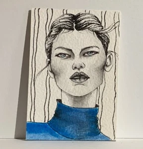 Original ACEO hand painting by Viviana Scala.Angela in blue black white portrait - Picture 1 of 3