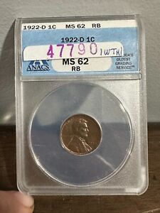 1922 D US Lincoln Wheat Cent Penny ANACS MS 62 Red Brown