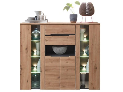 Highboard Sideboard Wohnzimmerschrank MAILAND MDF Dekorplatte Eichefarbig + LEDs - Bild 1 von 3