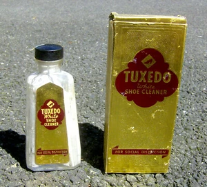 RARE vintage 1930s TUXEDO White Shoe Cleaner glass bottle & box ART DECO Hecker - Picture 1 of 2