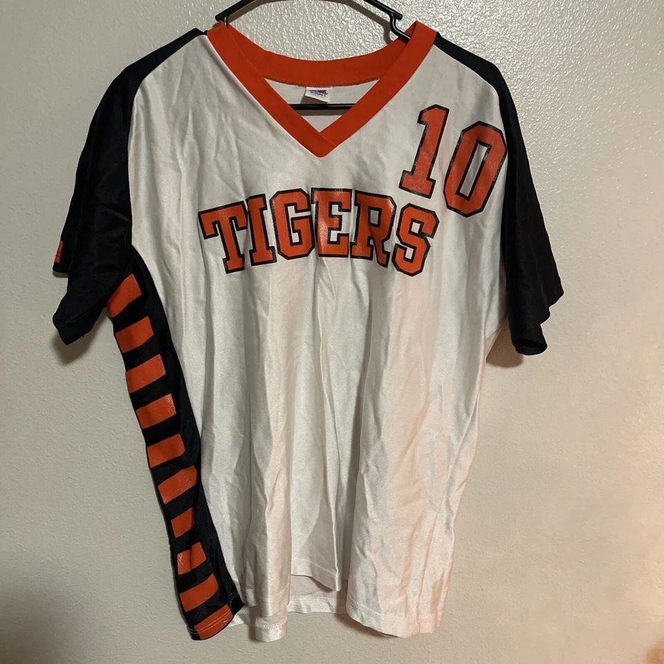 Camiseta deportiva vintage Russell Athletic Tigers cuello en V para hombre L naranja blanco negra EE. UU. #10 Foto 1 de 4