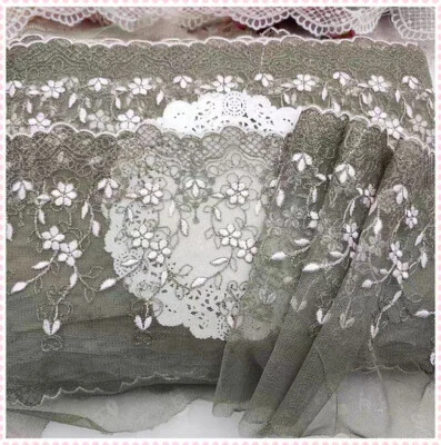 4 Yards 10" Wide Olive Tulle Lace/Embroidered Olive and Baby Pink Flower eh0201 - Image 1 of 3