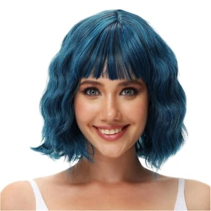 Elegante Grün Blau Lockige Bob Perücke mit Pony für Damen – Cosplay Accessoire - Bild 1 von 9
