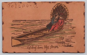 Toledo Ohio romantisches Paar im Kanu gleitet den Lebensstrom Leder Postkarte - Bild 1 von 2