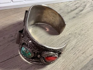 Vintage Navajo Sterling Silver Turquoise & Coral Watch / Cuff Bracelet- No Watch - Picture 1 of 9