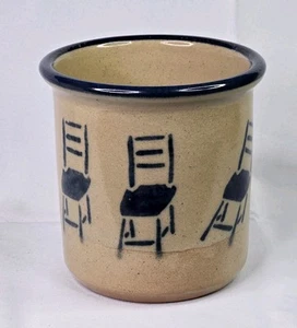 Rare! MONROE SALT WORKS Art Pottery Blue Ladder Back Chairs 6" CROCK Utensil Jar - Picture 1 of 6