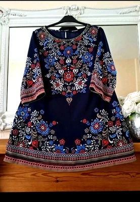 debenhams stunning navy mix lined   print shift dress uk 16 immaculate - image 1 of 2