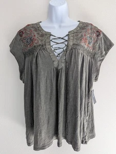 Lucky Brand Women's Embroidered Lace Up Top XXL Gray - Bild 1 von 10