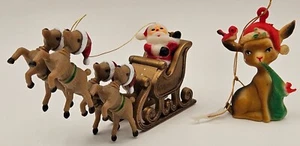 Pair Vtg Plastic Christmas Ornaments Santa w/Sleigh & Reindeer w/Santa Hat - Picture 1 of 13