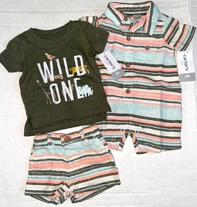 CARTERS 3 piece set olive/light blue/peach/stripes WILD ONE motif size NEWBORN - Picture 1 of 1