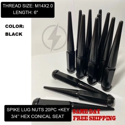 FIT FORD F150 导航器 EXPEDITION 6 英寸 SPIKE LUG NUT CONE 座椅 14x2 黑色 20 件 — 第 1/4 张图片