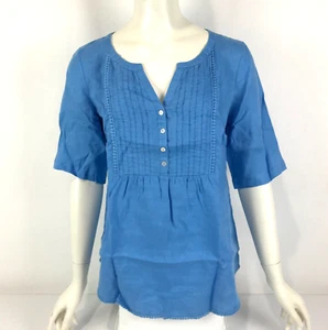 M&S Woman Top Blue Size 12 Linen Short Sleeve Pin Pleats Lace Trim Casual - Picture 1 of 14