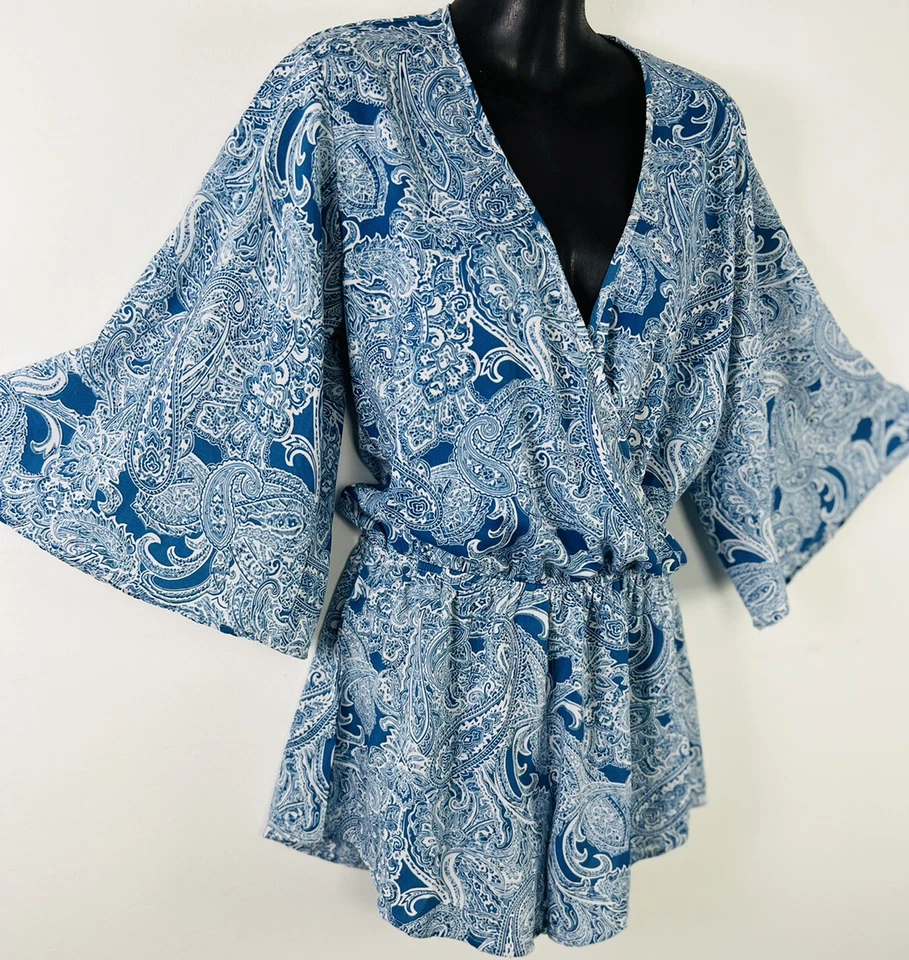 Cubierta envolvente de mameluco Elan talla S Ocean Dark Paisley mangas campana azul cerúleo Foto 1 de 4