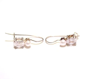 925 sterling silver pearl CZ cubic zirconia lever back earrings 1.7g dangle - Picture 1 of 6