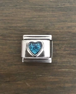 NOS Teal Sparkly Heart Italian Charm Bracelet Link 9mm - Picture 1 of 4