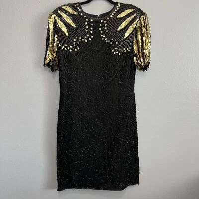 Vintage SCALA Women's L Beaded Silk Cocktail Dress Black & Gold Sequin Midi - Image 1 of 4