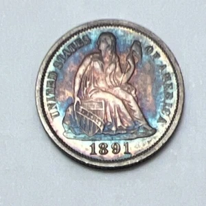 Uncirculated Toned 1891 Philadelphia Mint Silver Seated Liberty Dime - Picture 1 of 3