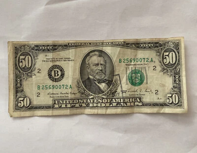 1988 VINTAGE $50 SMALL FACE B U.S. FIFTY DOLLAR BILL  CIRCULATED - Image 1 of 4