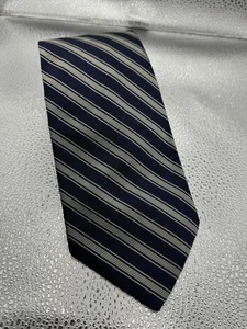 Cravatta Lauren Ralph Lauren uomo grigio navy a righe misto seta cotone fatta a mano USA - Foto 1 di 6