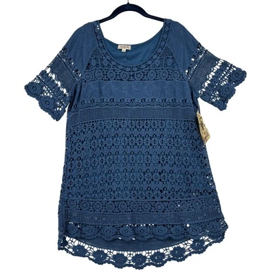 Blusa túnica bohemia forrada sin mangas azul talla L One World crochet Foto 1 de 4