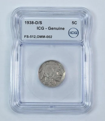 Error 1938-D/S Indian Head Buffalo Nickel FS-512 OMM-002 Genuine ICG *9258 - Image 1 of 3