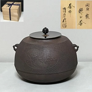 Sato Kiyomitsu Teekessel Furo Style mit Kranich Kiefer Muster Antik mit Box - Bild 1 von 10